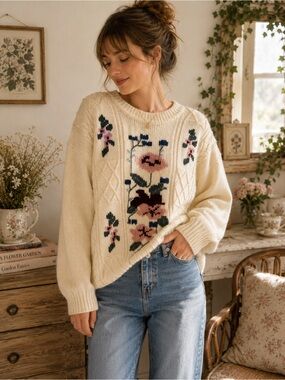 Vintage Jessica Cream Floral Knit Sweater